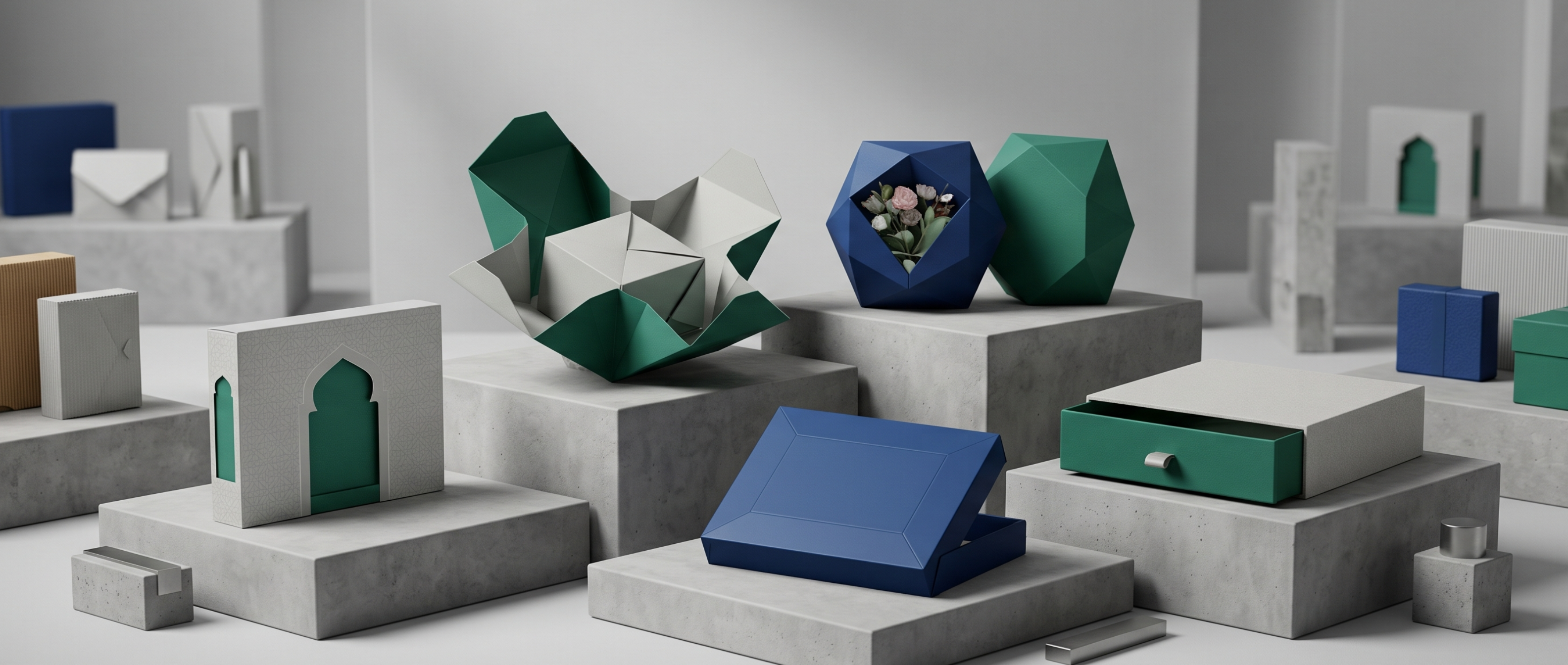 Collection of geometrically shaped boxes in various colors on a neutral background