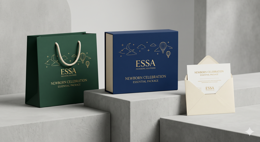 ESSA newborn celebration essential package with green bag, blue box, and envelope on a gray surface.