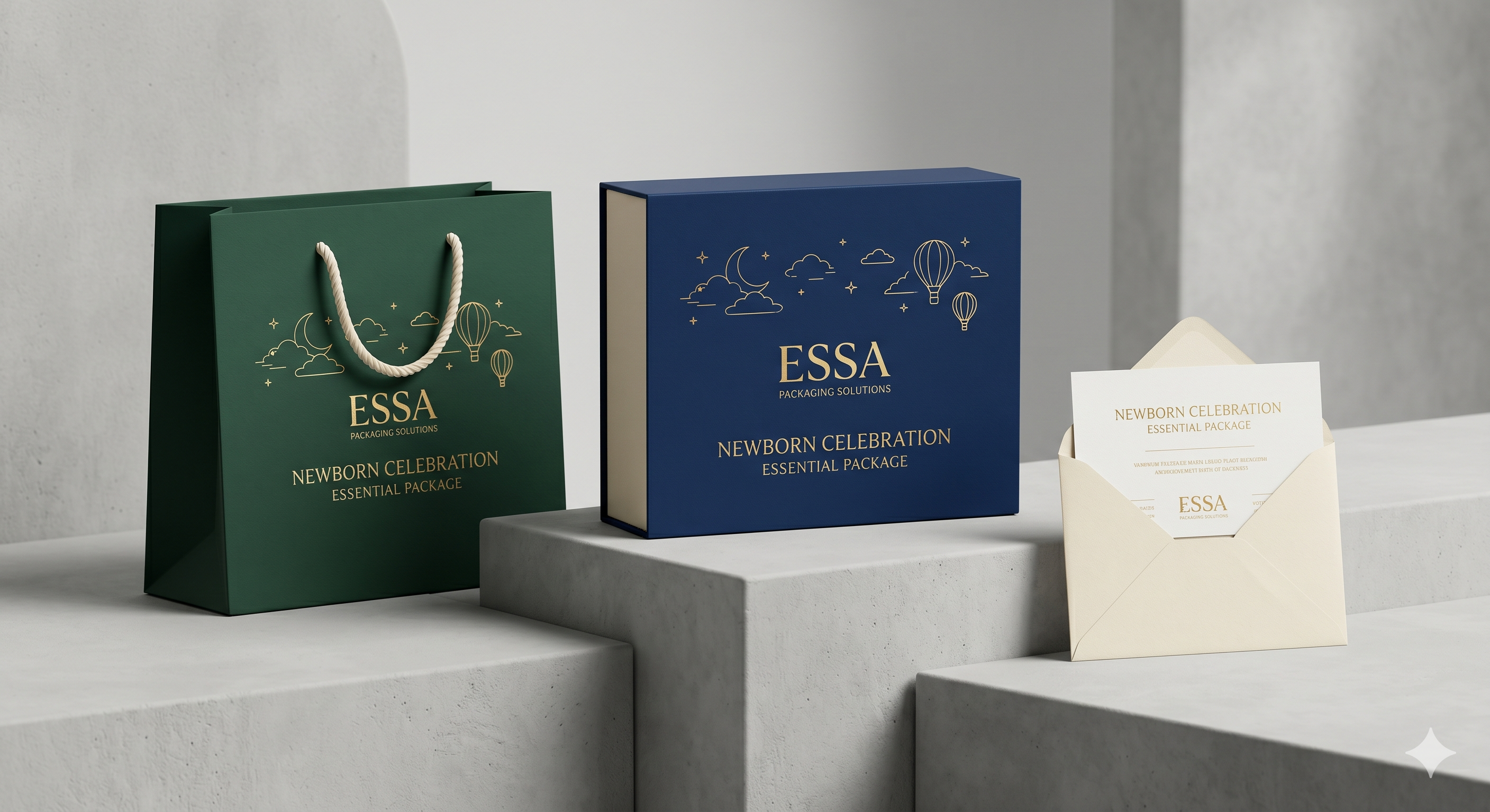 ESSA newborn celebration essential package with green bag, blue box, and envelope on a gray surface.