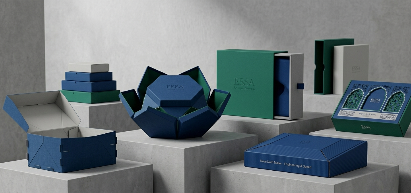 Collection of branded boxes and packaging on a gray surface with a neutral background