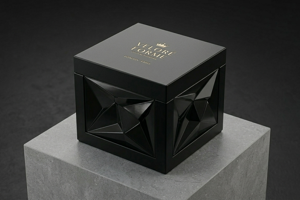 Black geometric box on a gray pedestal with a dark background